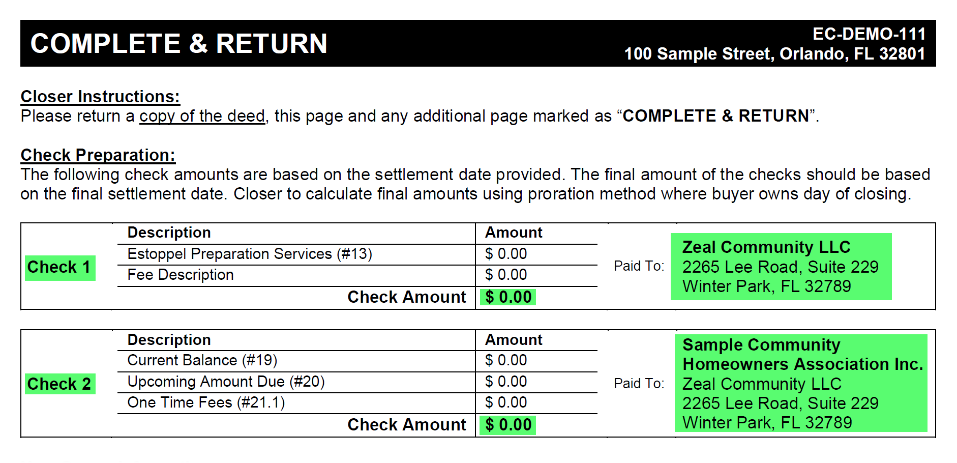 Sample estoppel complete and return payment instructions